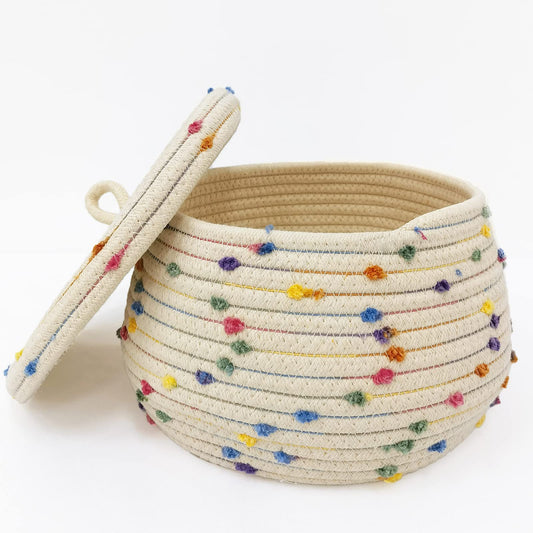 Small Cotton Rope Basket with Lid – Rainbow Pompom Storage Bin
